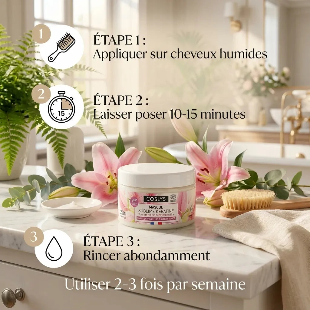 Masque Kératine Coslys bio avec étapes application cheveux humides, pose 10-15 min, rinçage