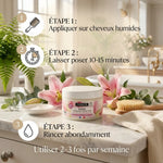 Masque Kératine Coslys bio avec étapes application cheveux humides, pose 10-15 min, rinçage