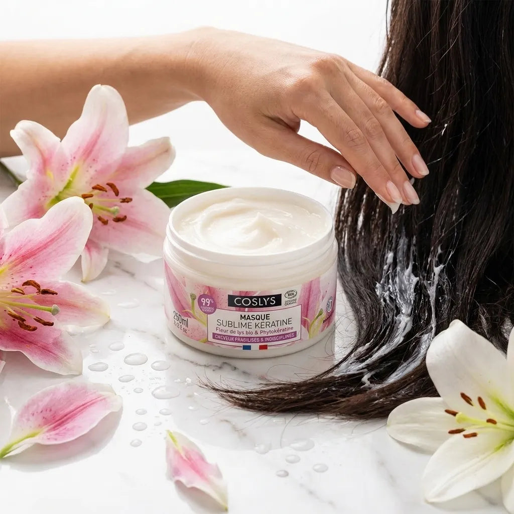 Masque Kératine bio Coslys appliqué sur cheveux abîmés avec fleurs et gouttes d'eau