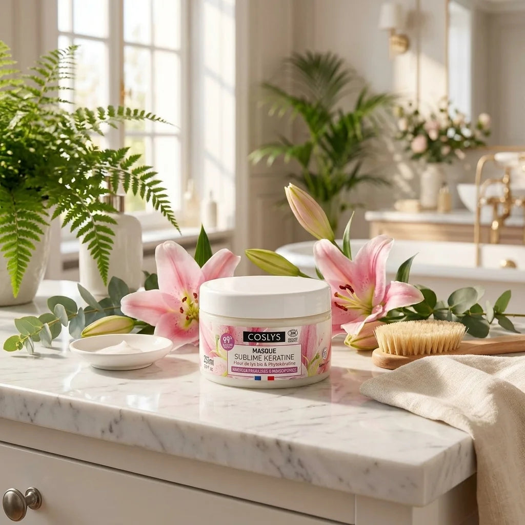 Masque Kératine bio Coslys dans salle de bain luxe avec fleurs roses et accessoires beauté
