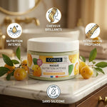 Masque Nutrition Intense Coslys bio en pot avec fruits, feuilles et bénéfices cheveux brillants