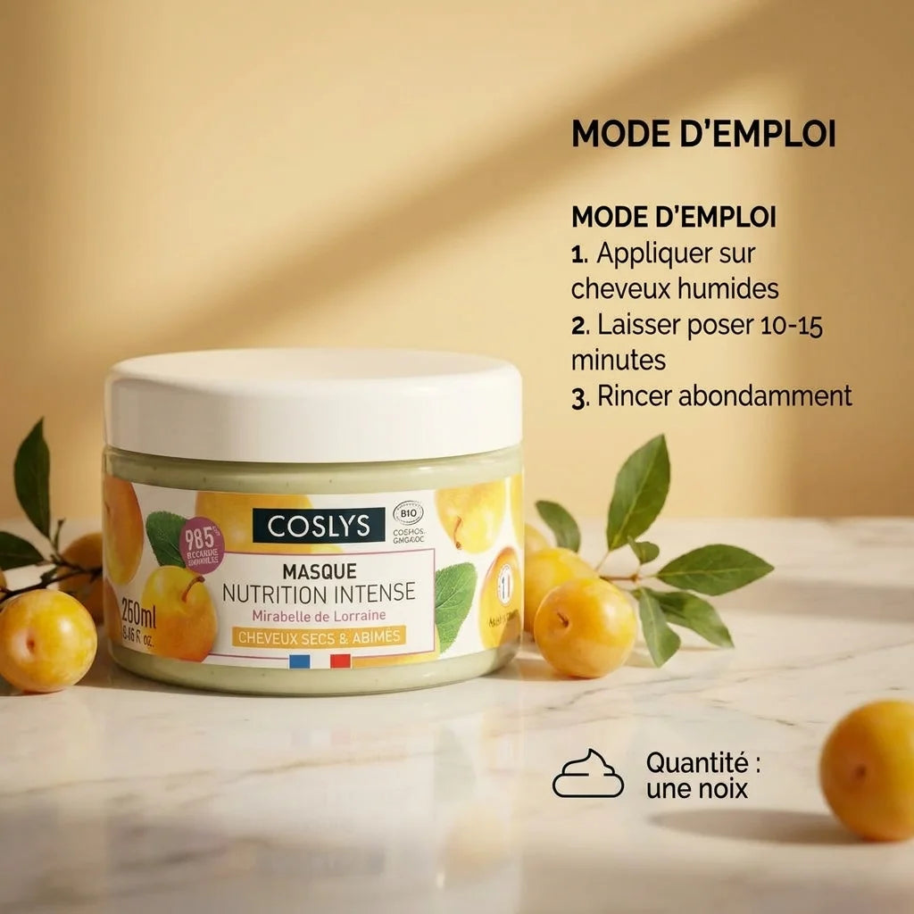 Masque Nutrition Intense Coslys bio avec mirabelles, mode d'emploi et instructions d'application sur cheveux