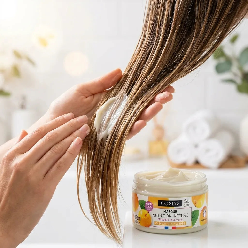Masque Nutrition Intense Coslys bio appliqué sur cheveux humides, texture riche visible