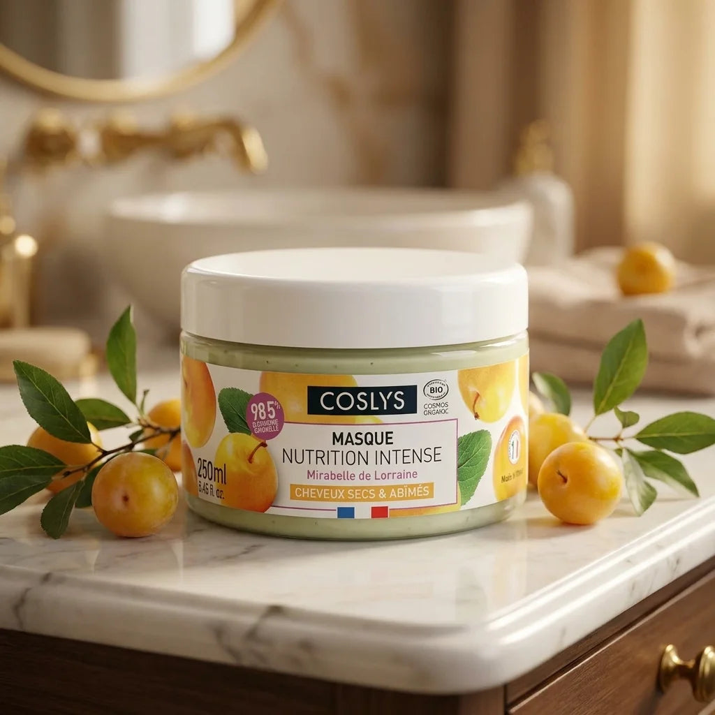 Masque Nutrition Intense Coslys bio en pot sur vanité marbre avec prunes et éléments botaniques