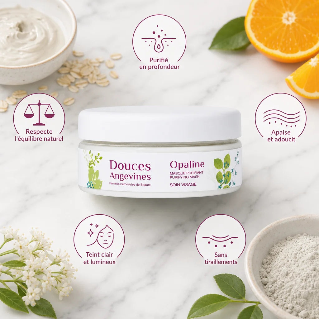 Masque poudre Opaline bio Douces Angevines avec bénéfices et ingrédients naturels sur fond marbre