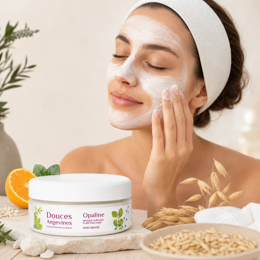 Masque poudre Opaline bio Douces Angevines appliqué sur le visage d'une femme en spa