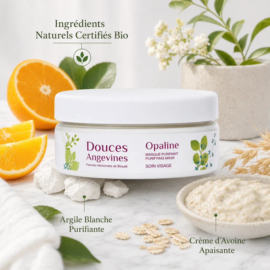 Masque poudre Opaline bio Douces Angevines avec argile blanche et avoine sur marbre