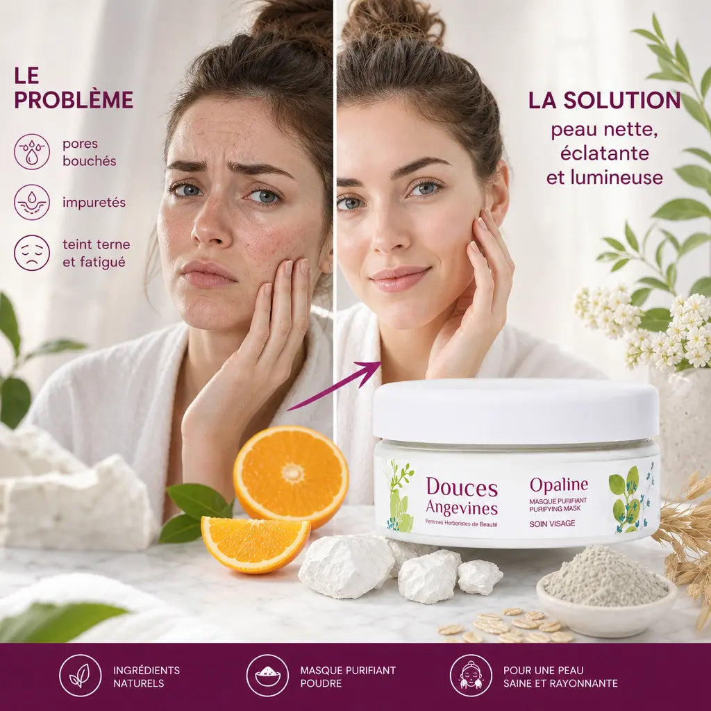 Masque poudre Opaline bio Douces Angevines avant après peau radieuse purifiant