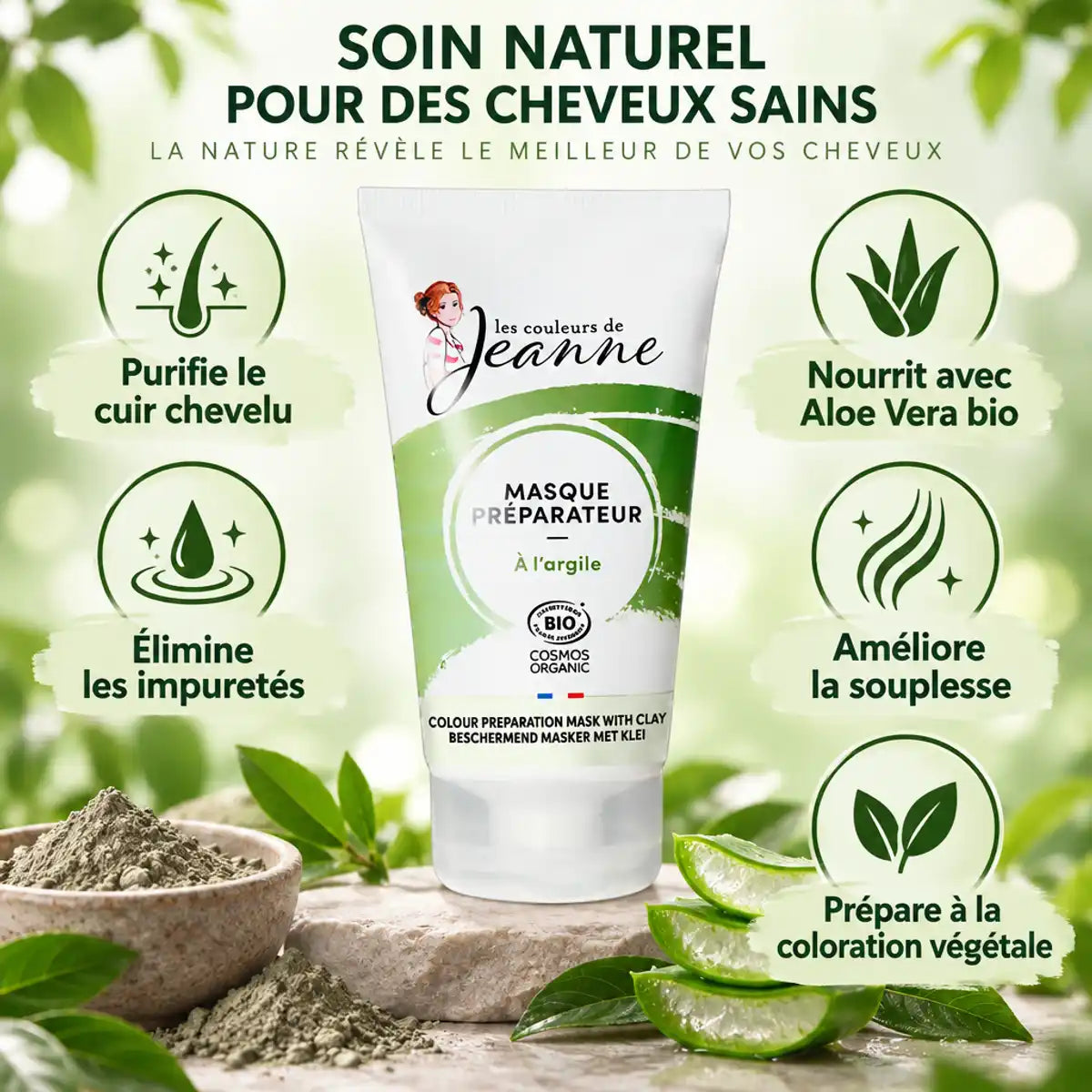 Masque réparateur argile bio Couleurs Jeanne - infographie bénéfices purifie nourrit améliore souplesse