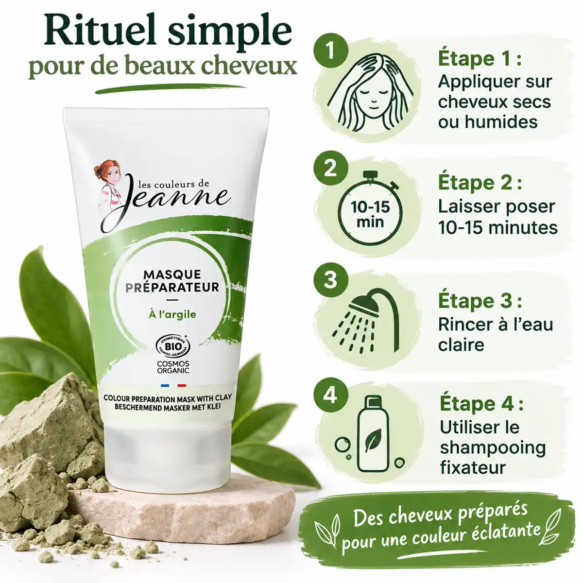 Masque réparateur argile bio Couleurs Jeanne 150g avec étapes application cheveux
