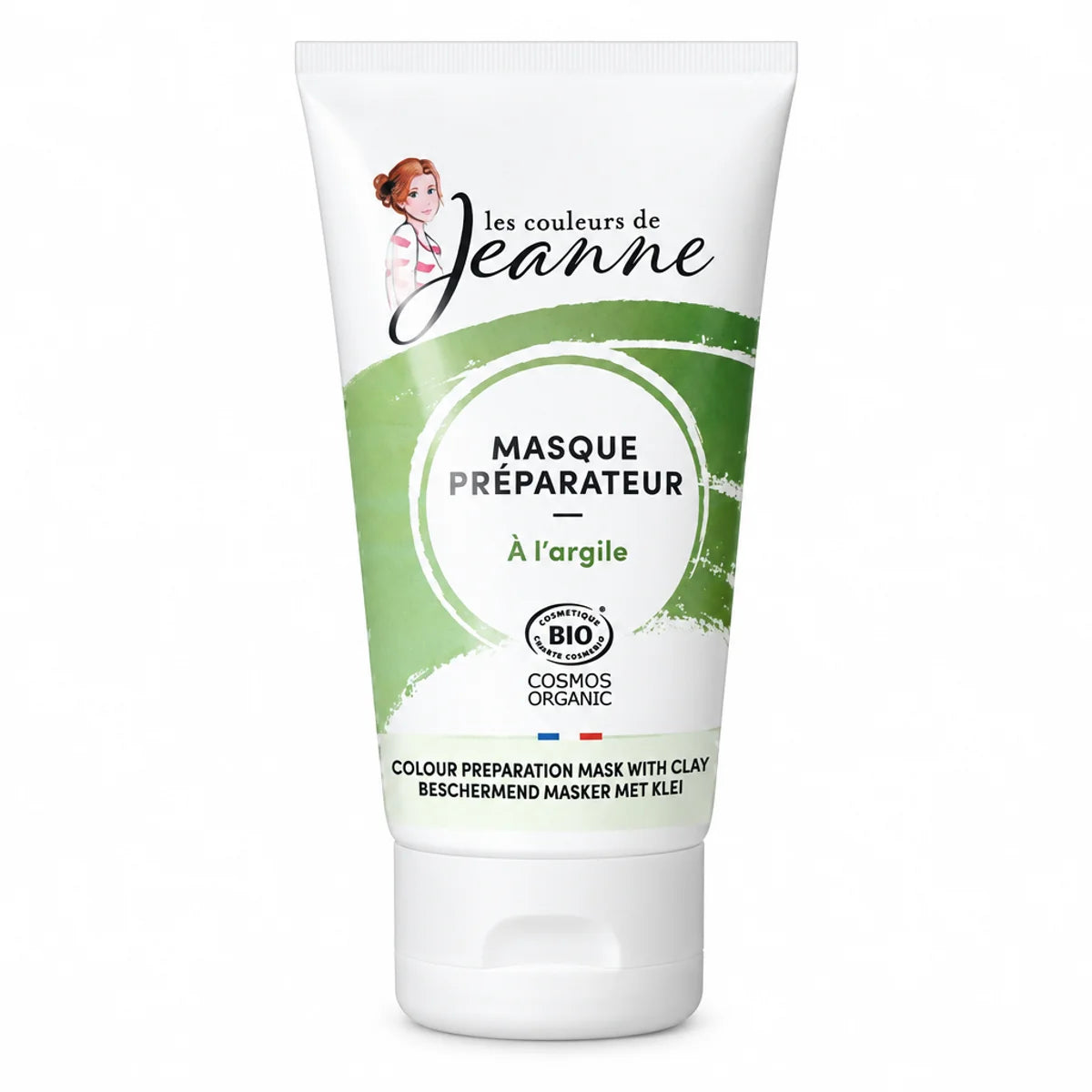 Masque réparateur à l'argile bio Couleurs Jeanne 150g tube blanc et vert