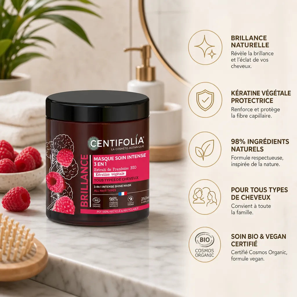 Masque soin brillance intense 3 en 1 Centifolia bio avec infographie bénéfices cheveux