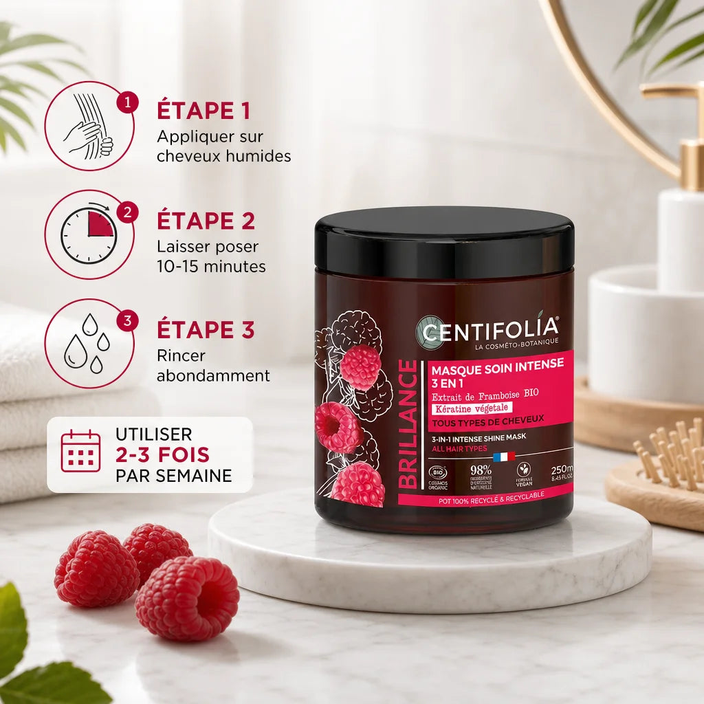 Masque soin Centifolia brillance intense 3 en 1 bio avec mode d'emploi étapes application cheveux