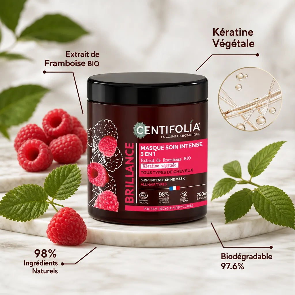 Masque soin brillance intense 3 en 1 Centifolia bio, pot burgundy avec ingrédients naturels