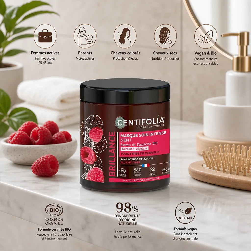 Masque soin brillance Centifolia bio 3 en 1 en pot verre ambré sur vanité marbre