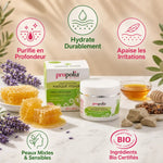Masque visage bio Propolia à la propolis et miel avec ses bénéfices : purifie, apaise, hydrate les peaux mixtes