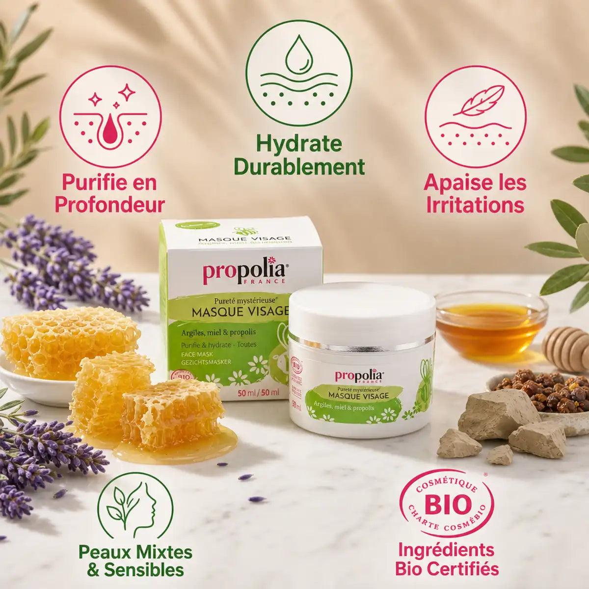 Masque visage bio Propolia à la propolis et miel avec ses bénéfices : purifie, apaise, hydrate les peaux mixtes