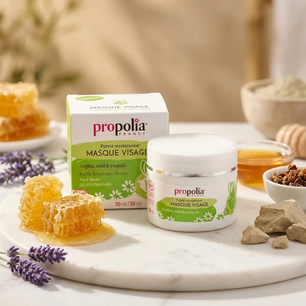 Masque visage Bio Propolia à base de propolis, miel et argiles avec ingrédients naturels