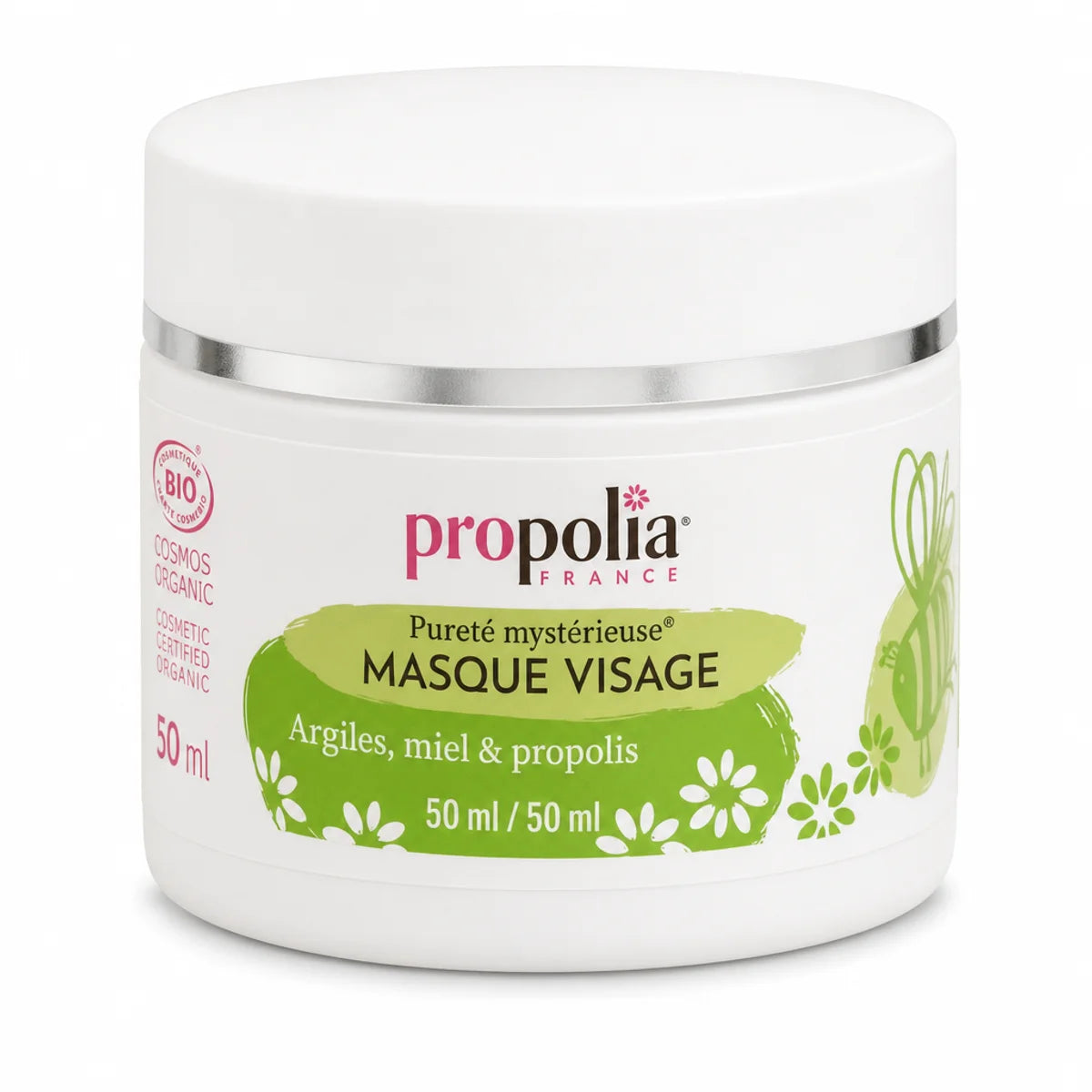 Masque visage Bio Propolis Miel Argiles Propolia pot blanc et vert