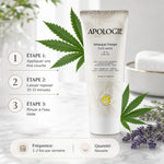 Masque visage purifiant Apologie 75g tube avec mode d'emploi et ingrédients naturels sur fond marbre blanc