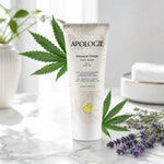 Masque Visage Purifiant Apologie 75g tube sur marbre blanc avec feuilles de chanvre et lavande