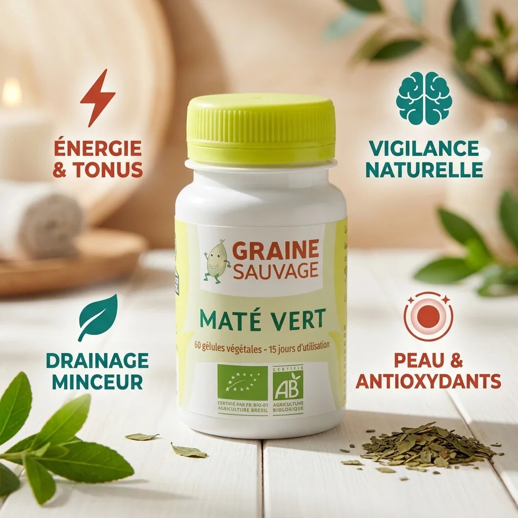 Maté Vert Bio en gélules avec bénéfices : énergie, vigilance, drainage et antioxydants
