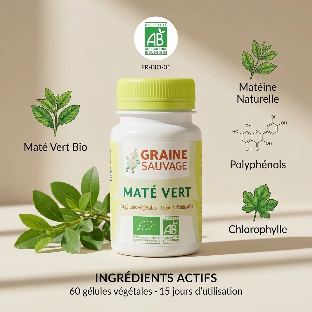 Maté Vert bio vegan en gélules avec ingrédients actifs et certification organique