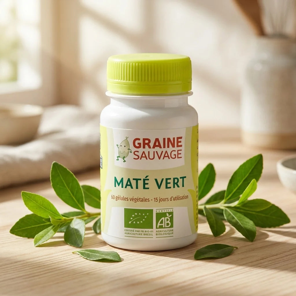 Graine Sauvage Maté Vert bio vegan en gélules avec feuilles vertes sur surface bois