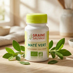 Graine Sauvage Maté Vert bio vegan en gélules avec feuilles vertes sur surface bois