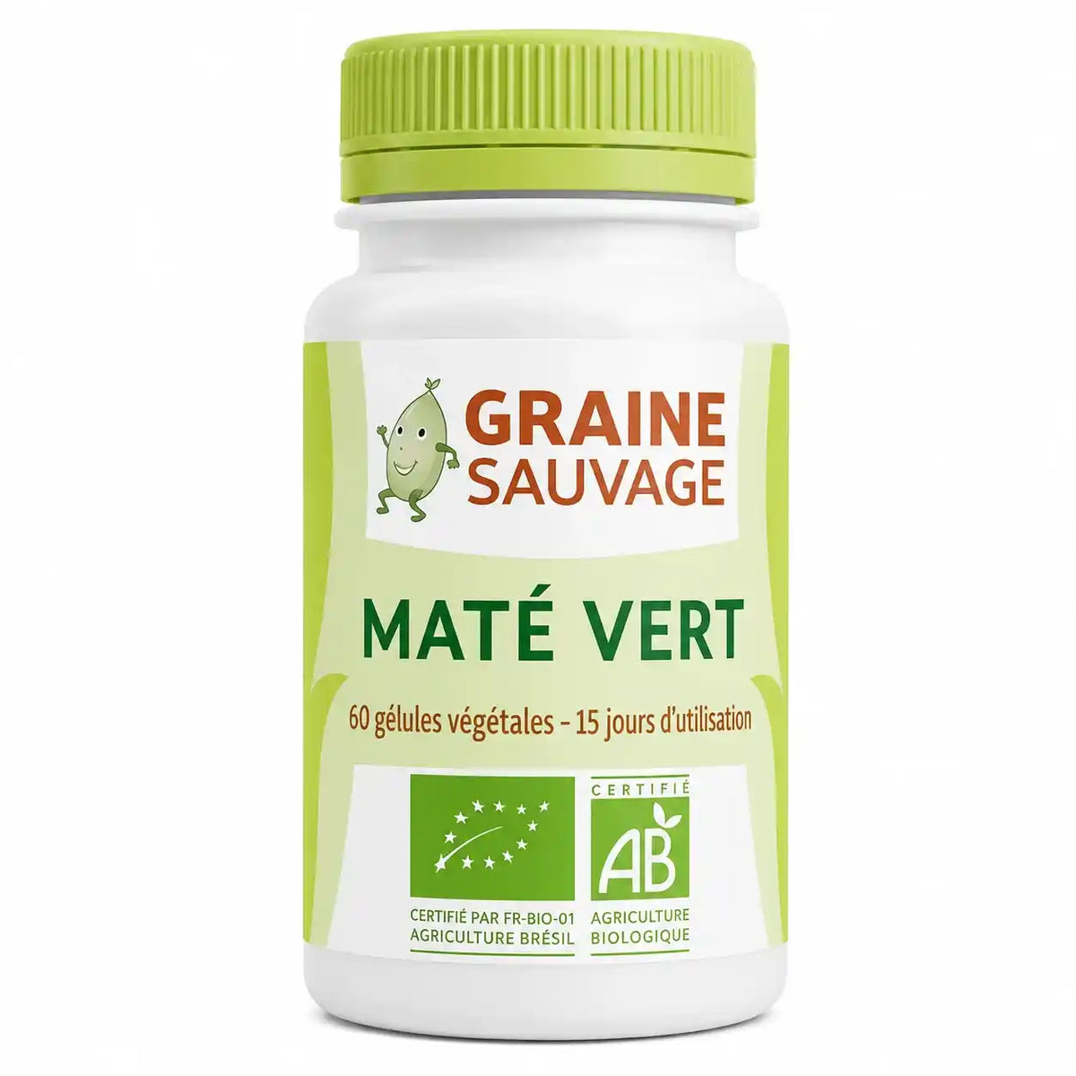 Flacon de Maté Vert bio vegan en gélules avec étiquette blanche et certification biologique