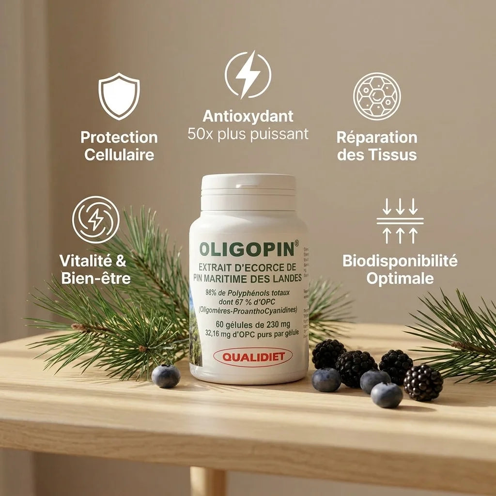 MAX OPC 50 gélules avec icônes de bénéfices : protection cellulaire, antioxydant puissant et vitalité