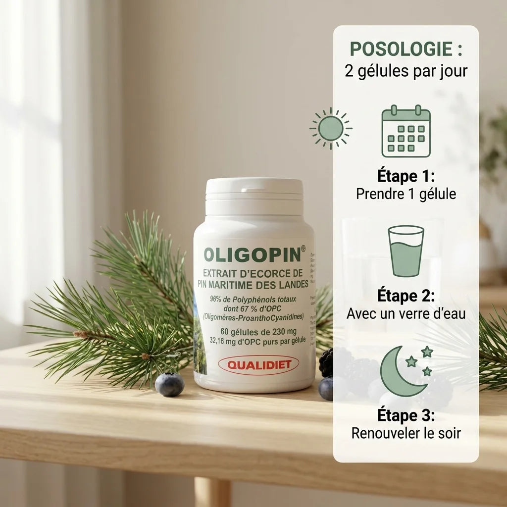 MAX OPC 50 gélules avec posologie 2 gélules par jour et verre d'eau sur surface bois