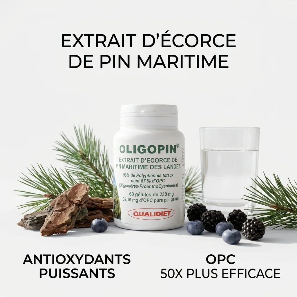 MAX OPC 50 gélules avec écorce pin maritime, antioxydants naturels et verre d'eau sur fond blanc