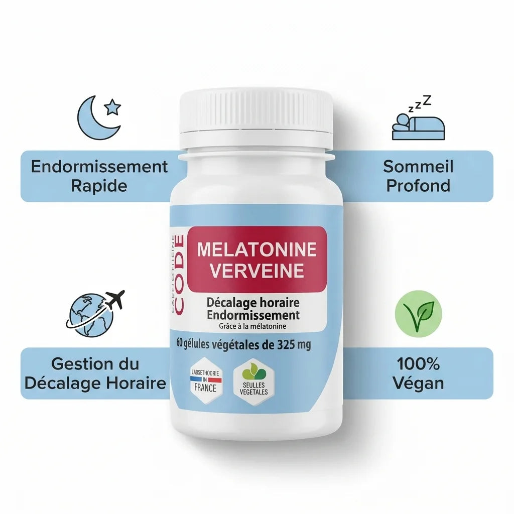 Complément mélatonine verveine végan en gélules avec bénéfices sommeil et décalage horaire