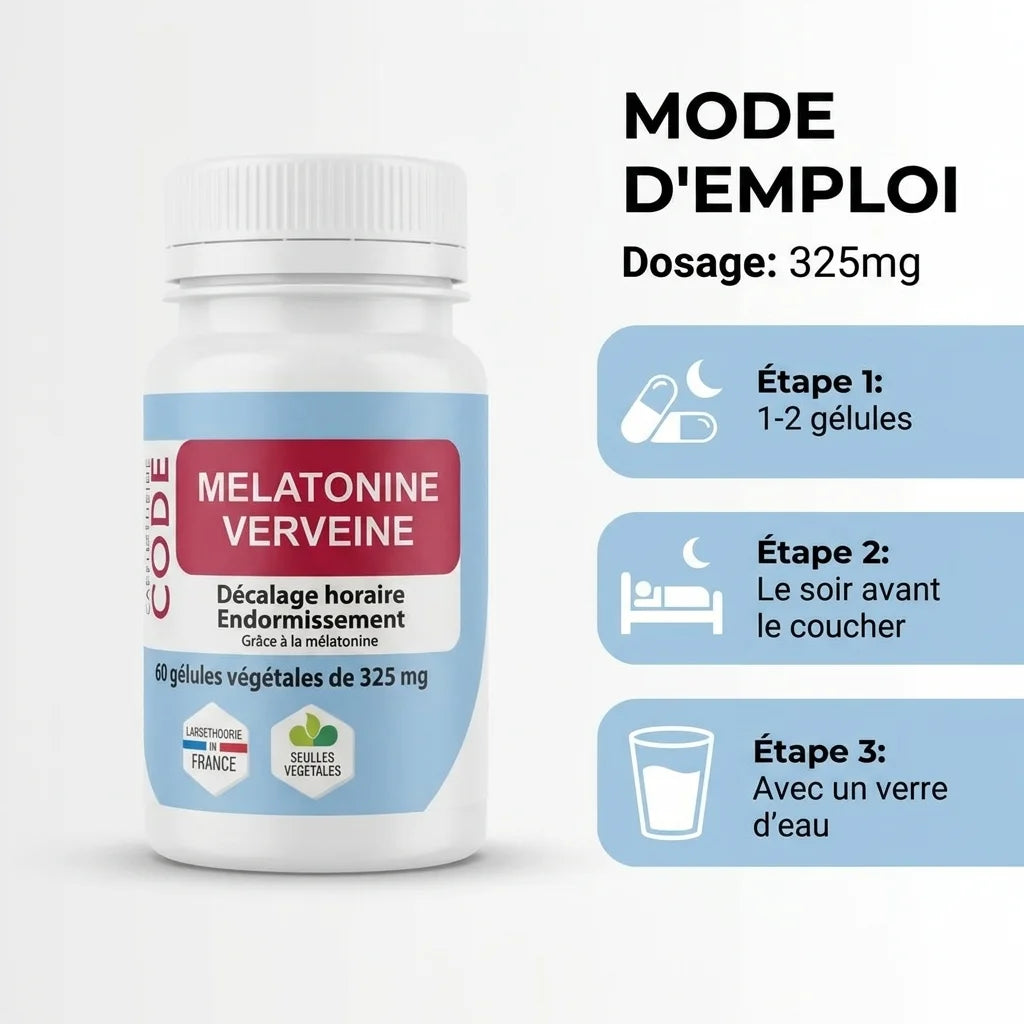 Mélatonine Verveine gélules vegan avec mode d'emploi : 1-2 gélules le soir avant coucher