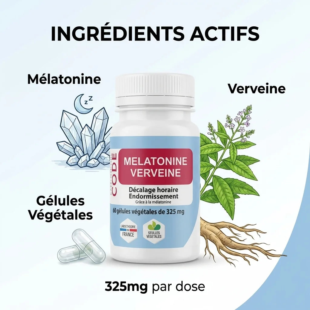 Mélatonine Verveine Vegan en gélules - Flacon avec ingrédients actifs et composition naturelle