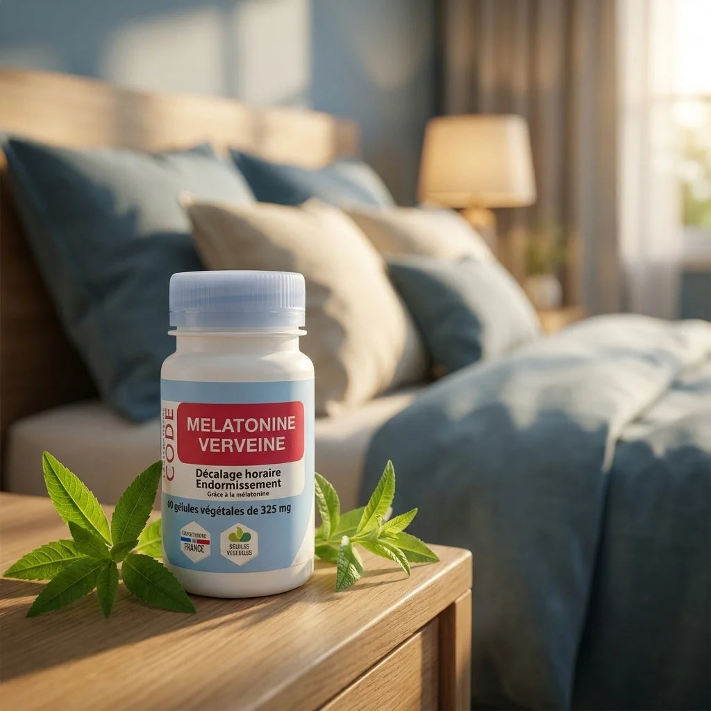 Flacon Mélatonine Verveine vegan sur table de nuit avec feuilles de vervain fraîches et linge blanc