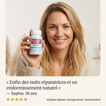 Mélatonine Verveine vegan en gélules avec témoignage client 5 étoiles et femme souriante tenant la bouteille