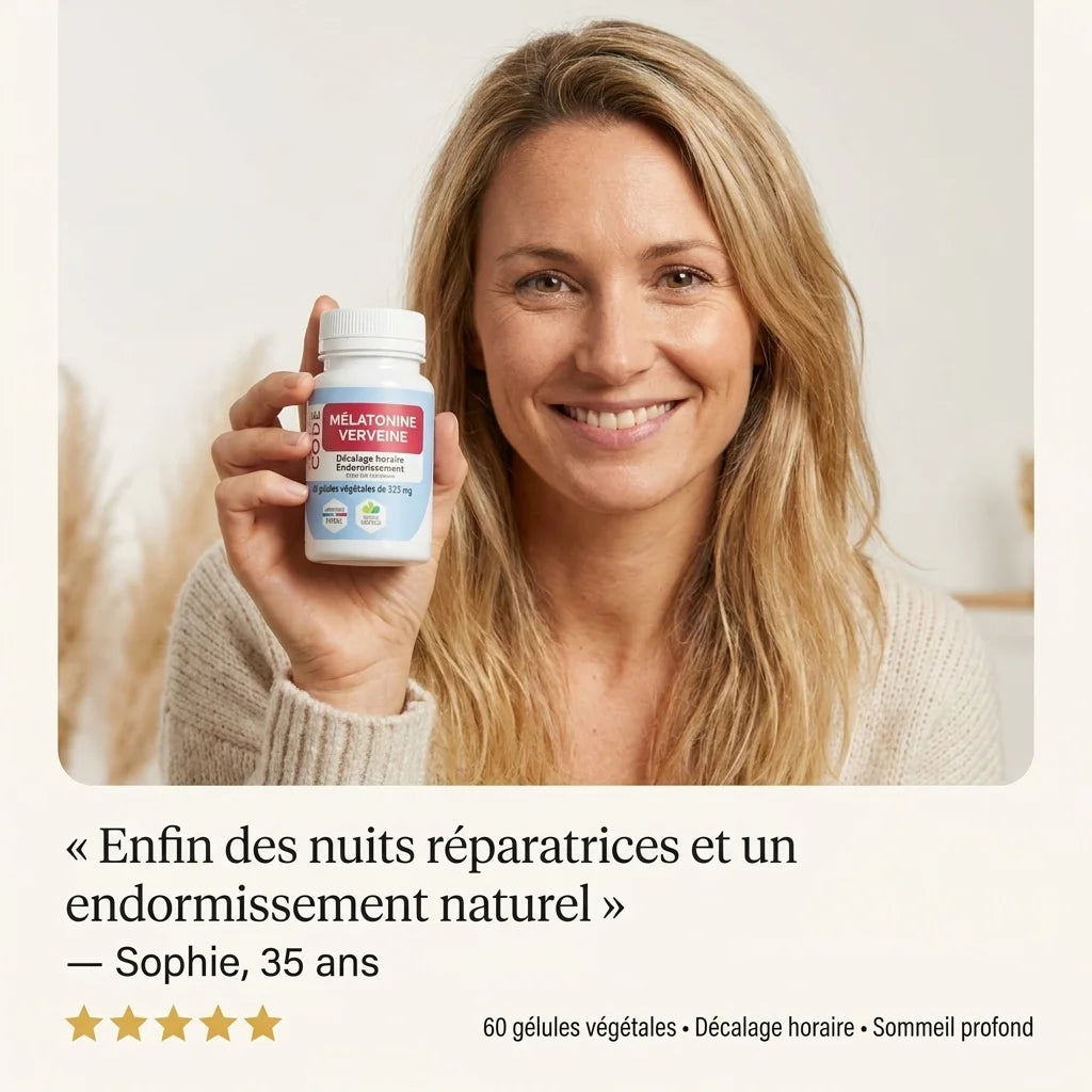 Mélatonine Verveine vegan en gélules avec témoignage client 5 étoiles et femme souriante tenant la bouteille