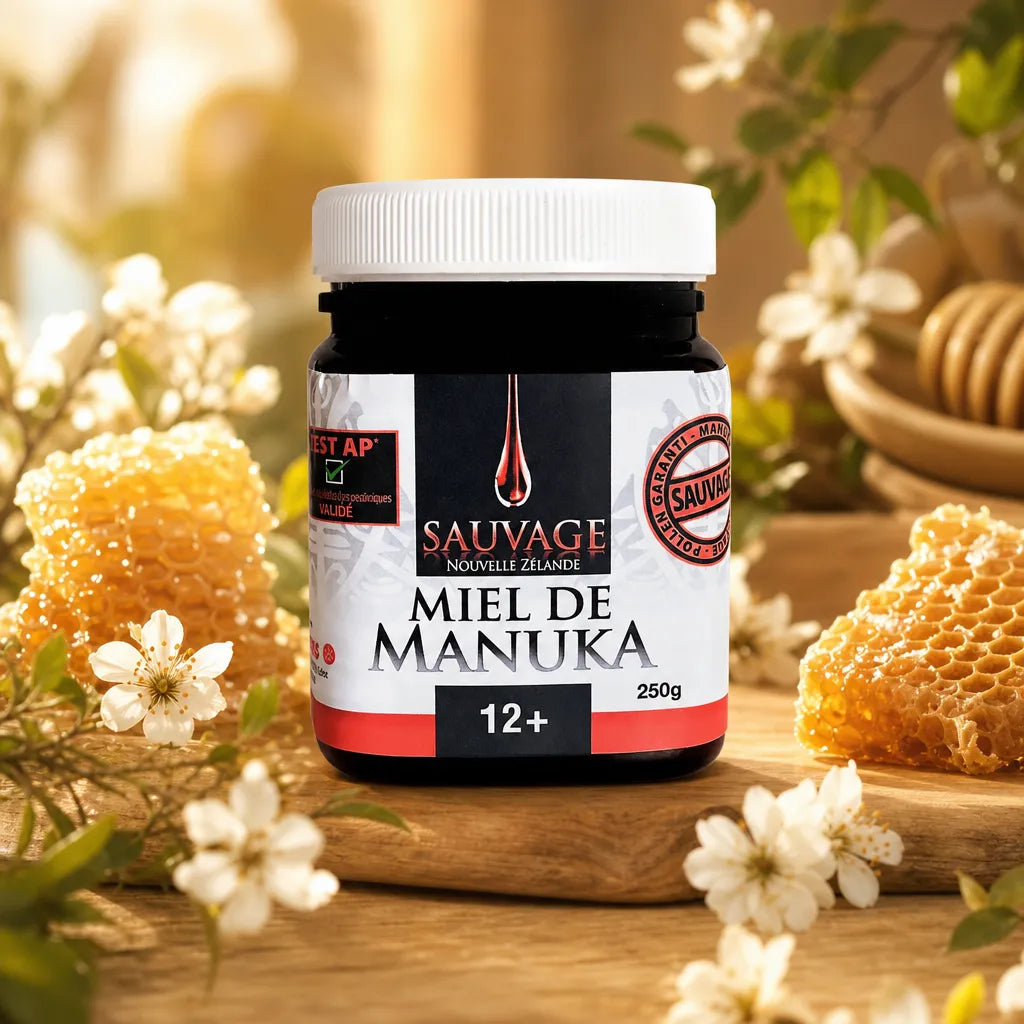 Pot de miel de Manuka 12+ Dr Theiss sur surface bois avec rayon et fleurs