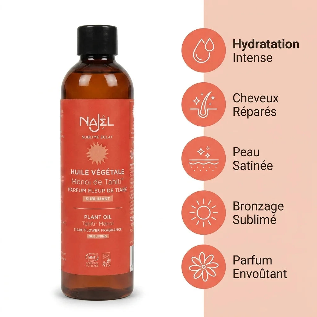 Monoï de Tahiti Najel - Huile coconut avec bénéfices hydratation, réparation cheveux et bronzage