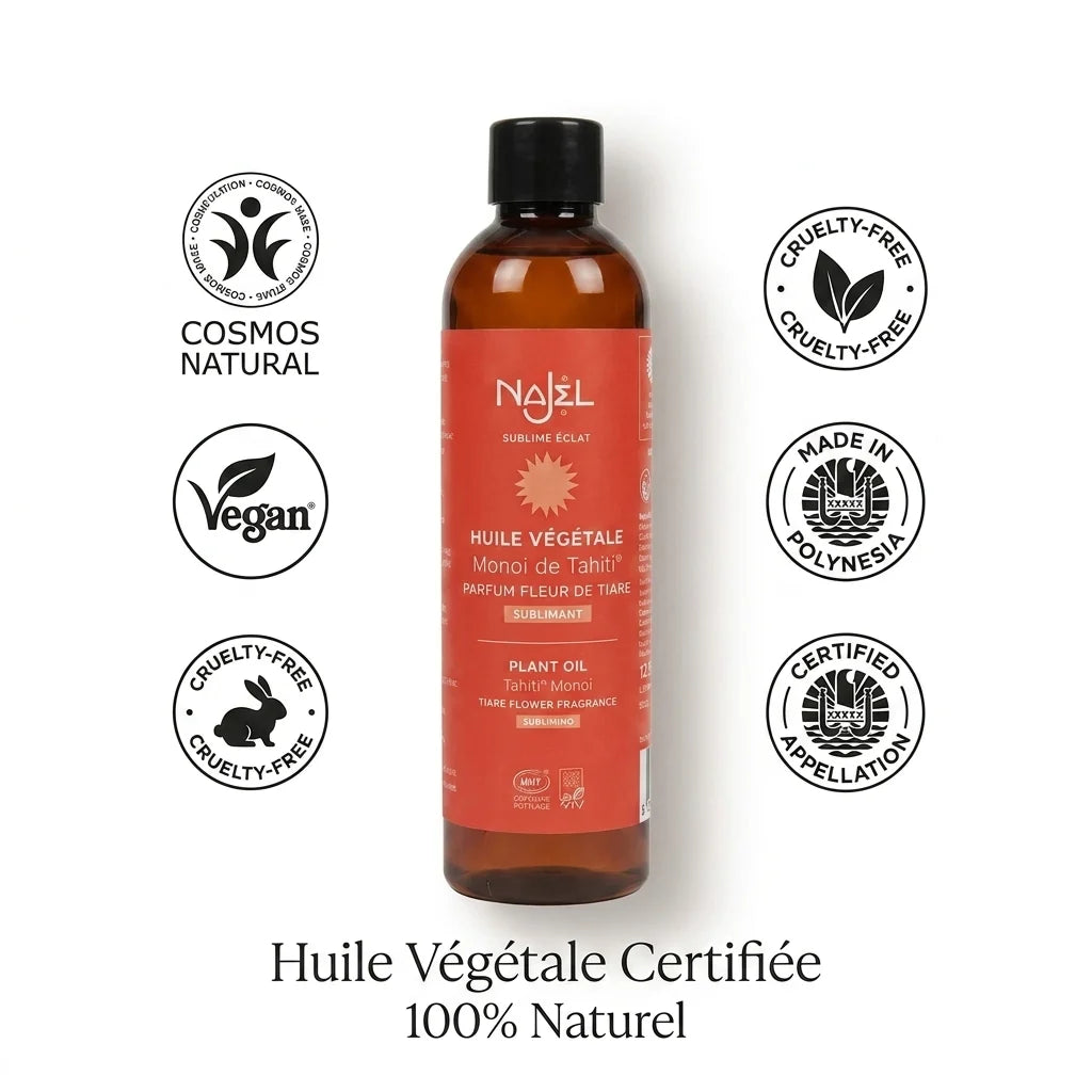 Monoï de Tahiti® Najel certifié bio vegan en flacon verre ambré avec labels naturels