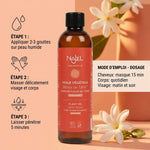 Bouteille Monoï de Tahiti Najel avec guide d'utilisation et infographie mode d'emploi sur fond tropical