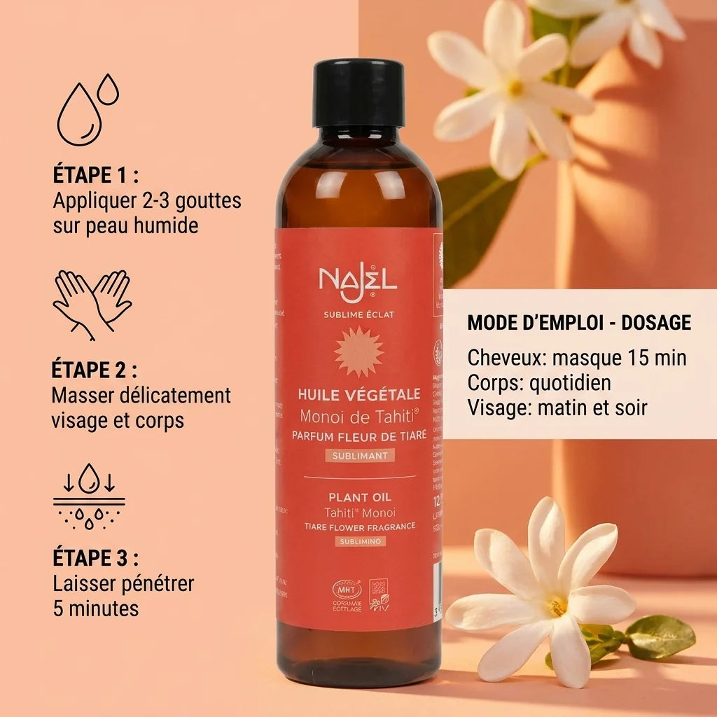 Bouteille Monoï de Tahiti Najel avec guide d'utilisation et infographie mode d'emploi sur fond tropical