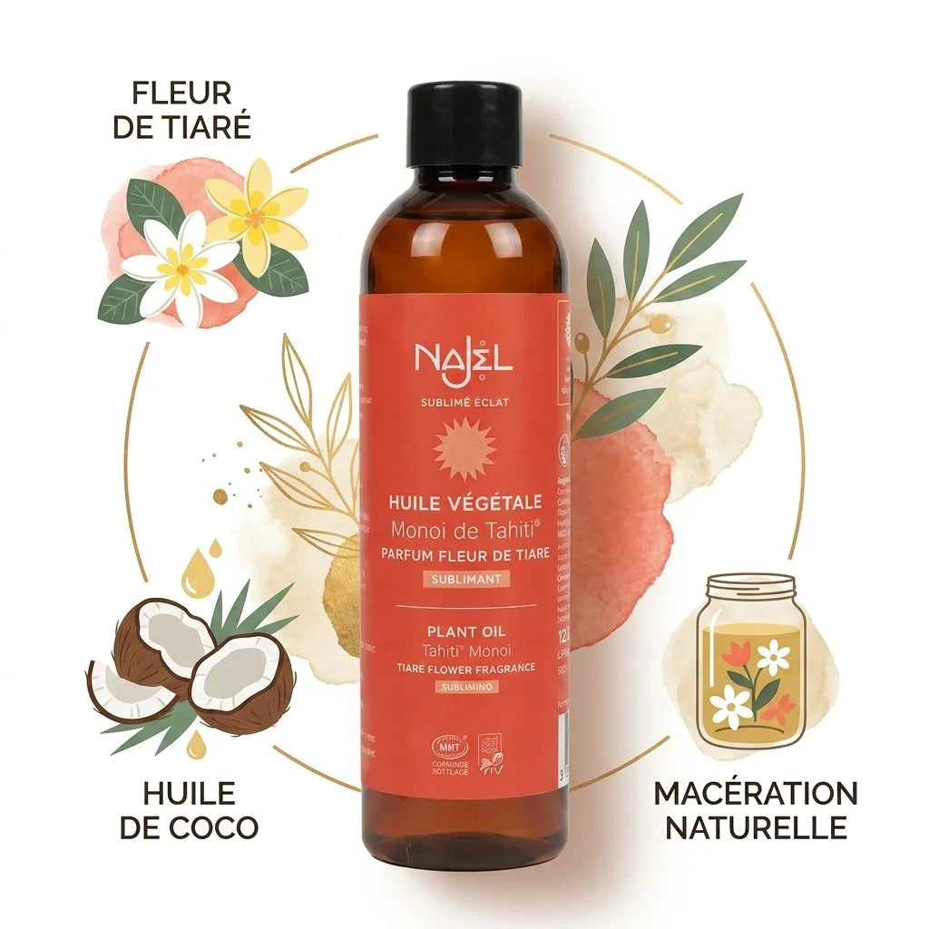 Monoï de Tahiti Najel avec fleur de Tiaré et huile de coco, ingrédients naturels visibles