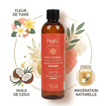 Monoï de Tahiti Najel avec fleur de Tiaré et huile de coco, ingrédients naturels visibles