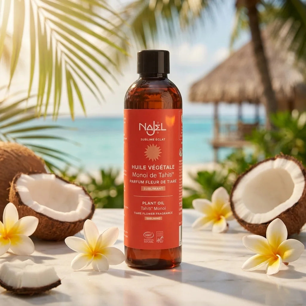 Monoï de Tahiti Najel en flacon avec fleurs de Tiare et noix de coco, ambiance spa luxe