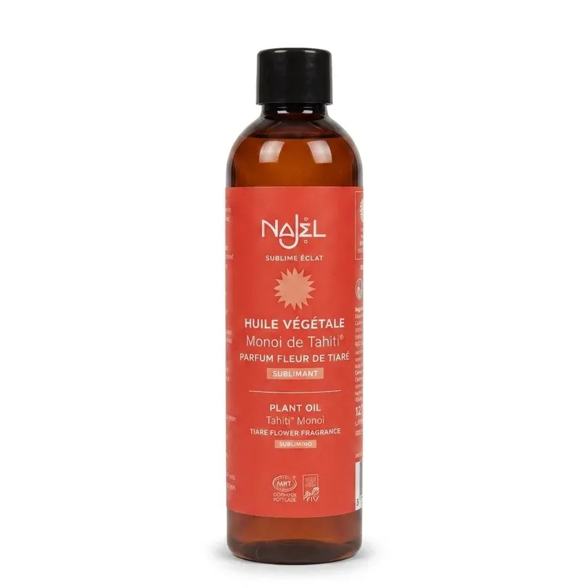Bouteille Monoï de Tahiti Najel avec étiquette rouge sur fond blanc