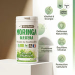 Poudre Moringa bio Éthik Planète avec icônes bénéfices : vitalité, défenses naturelles, minéraux et protection cellulaire
