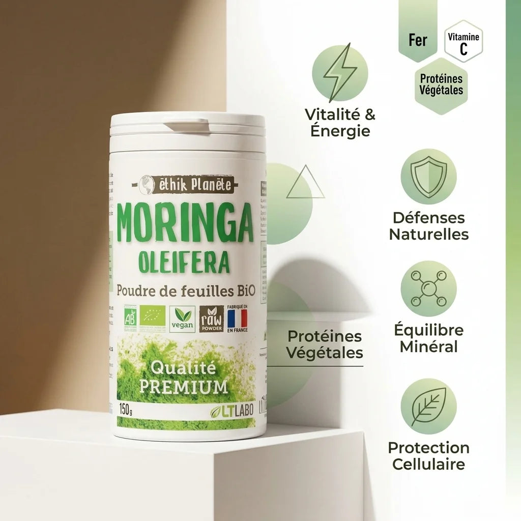 Poudre Moringa bio Éthik Planète avec icônes bénéfices : vitalité, défenses naturelles, minéraux et protection cellulaire